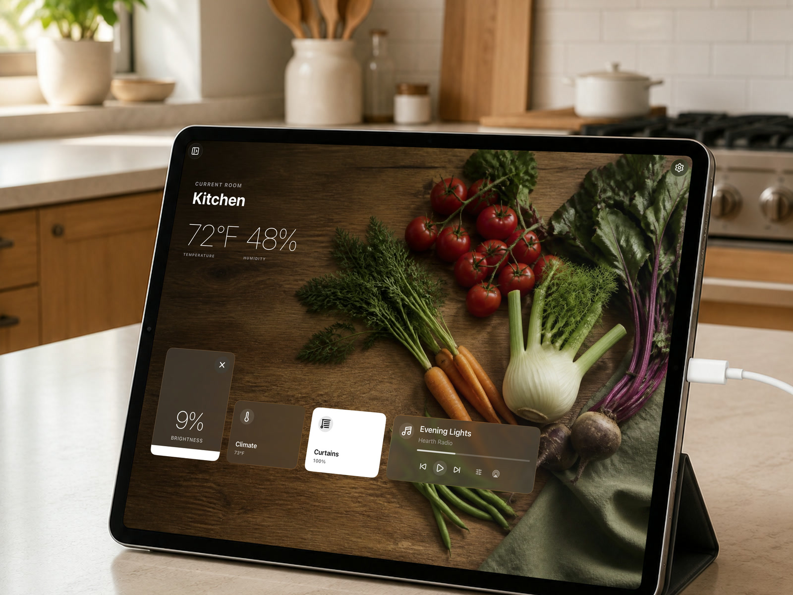 Hearth HomeKit dashboard on an iPad in a sunlit kitchen