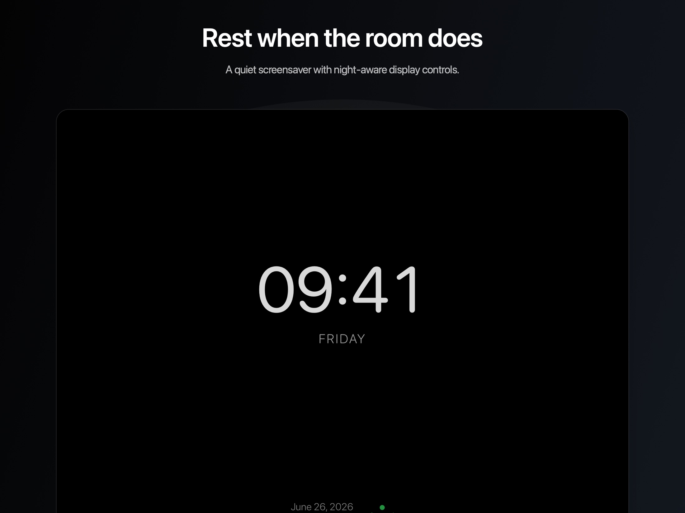 Hearth always-on screensaver showing the time, date, and HomeKit connection status